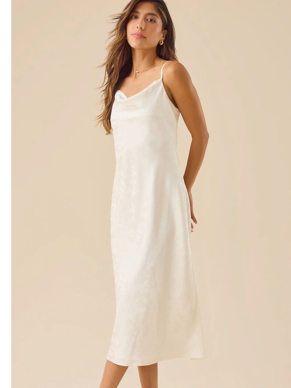 Olandria Satin Cream Floral Jacquard Midi Dress